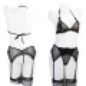 3Pcs Sexy Lady Garter Bikini Sets Lingerie Black Sheer